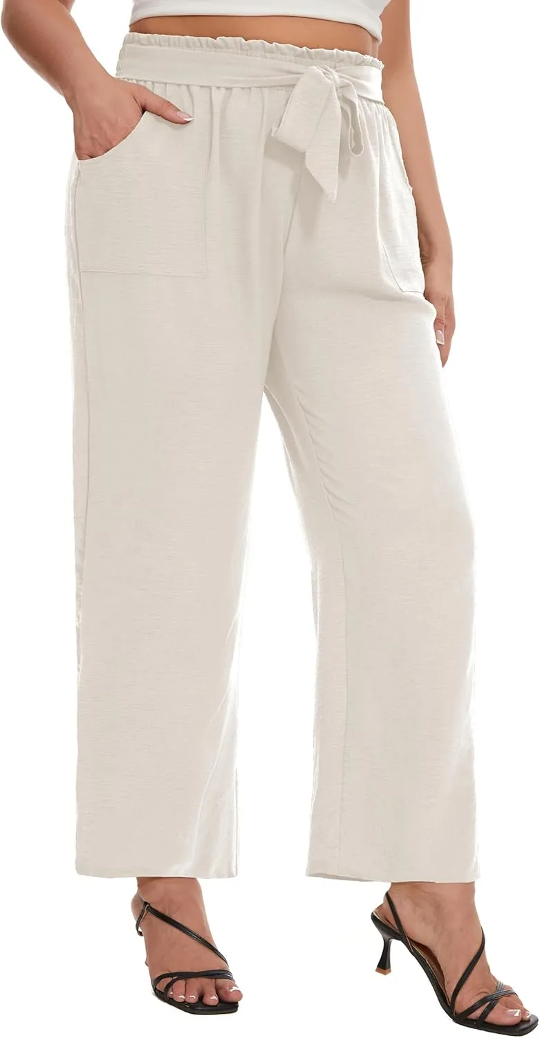 SEKINO Women's Plus Size Wide Leg Pants Loose Casual Flowy Pants Adjustable Knot Belted Lounge Beach Pants with Pockets