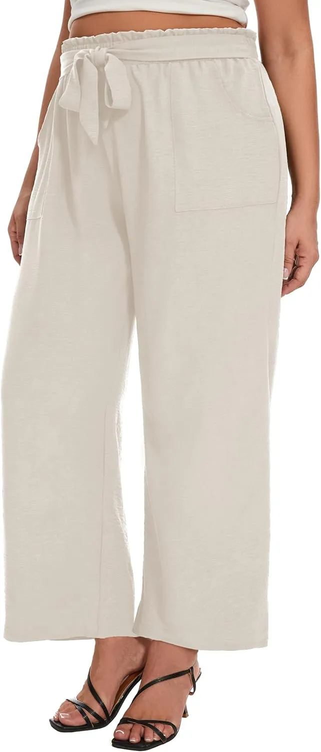 SEKINO Women's Plus Size Wide Leg Pants Loose Casual Flowy Pants Adjustable Knot Belted Lounge Beach Pants with Pockets