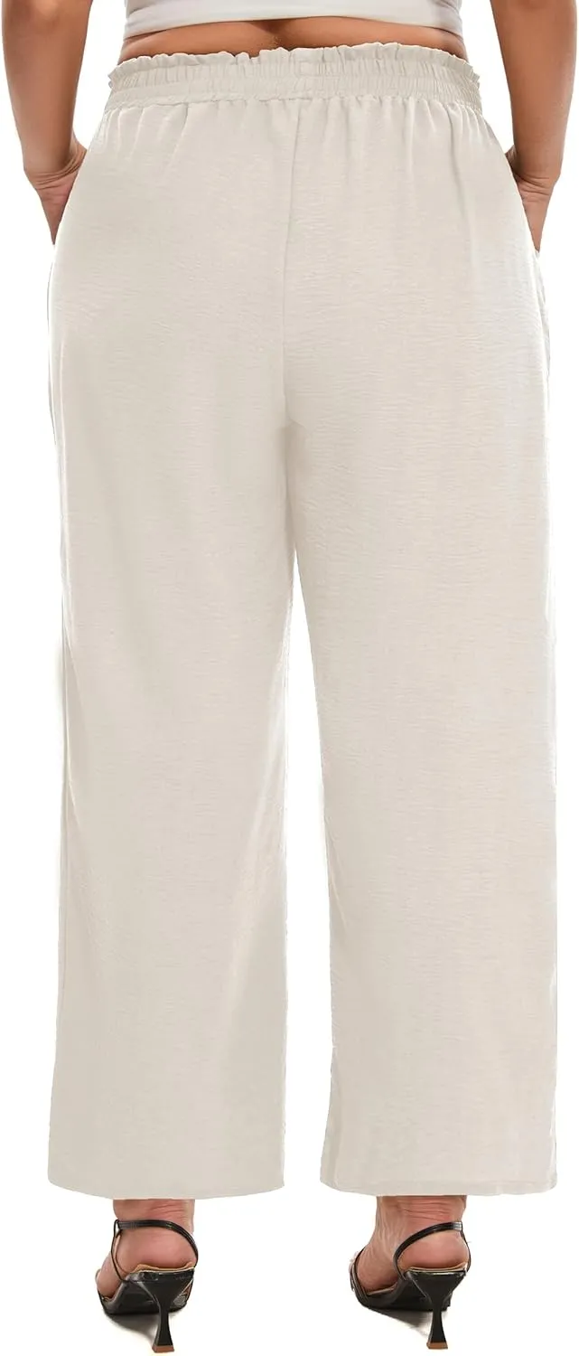 SEKINO Women's Plus Size Wide Leg Pants Loose Casual Flowy Pants Adjustable Knot Belted Lounge Beach Pants with Pockets
