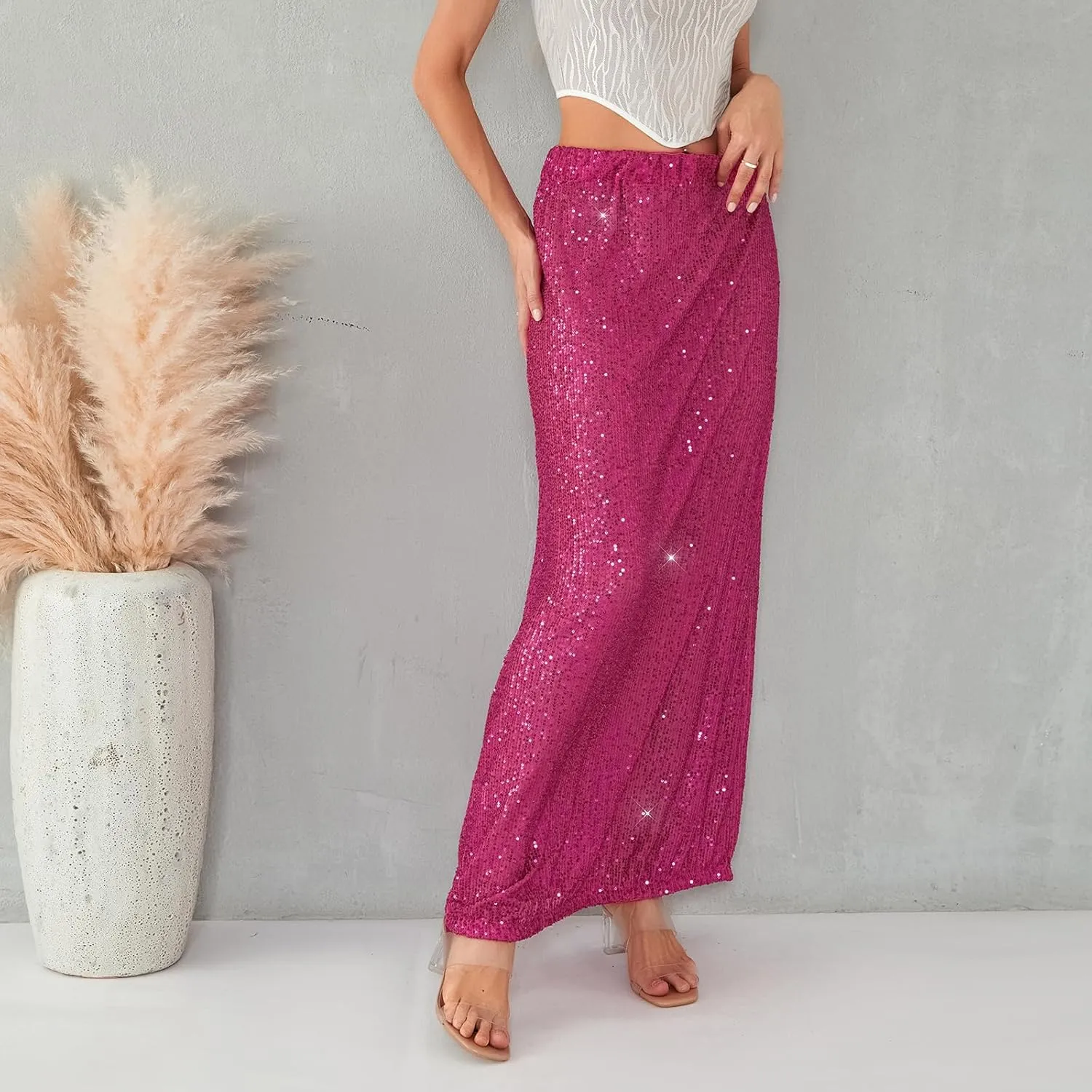 Sequin Skirt for Women Low Waist Disco Dresses Skirt Sparkle Glitter Party Night Mermaid Flowy Long Maxi Skirt