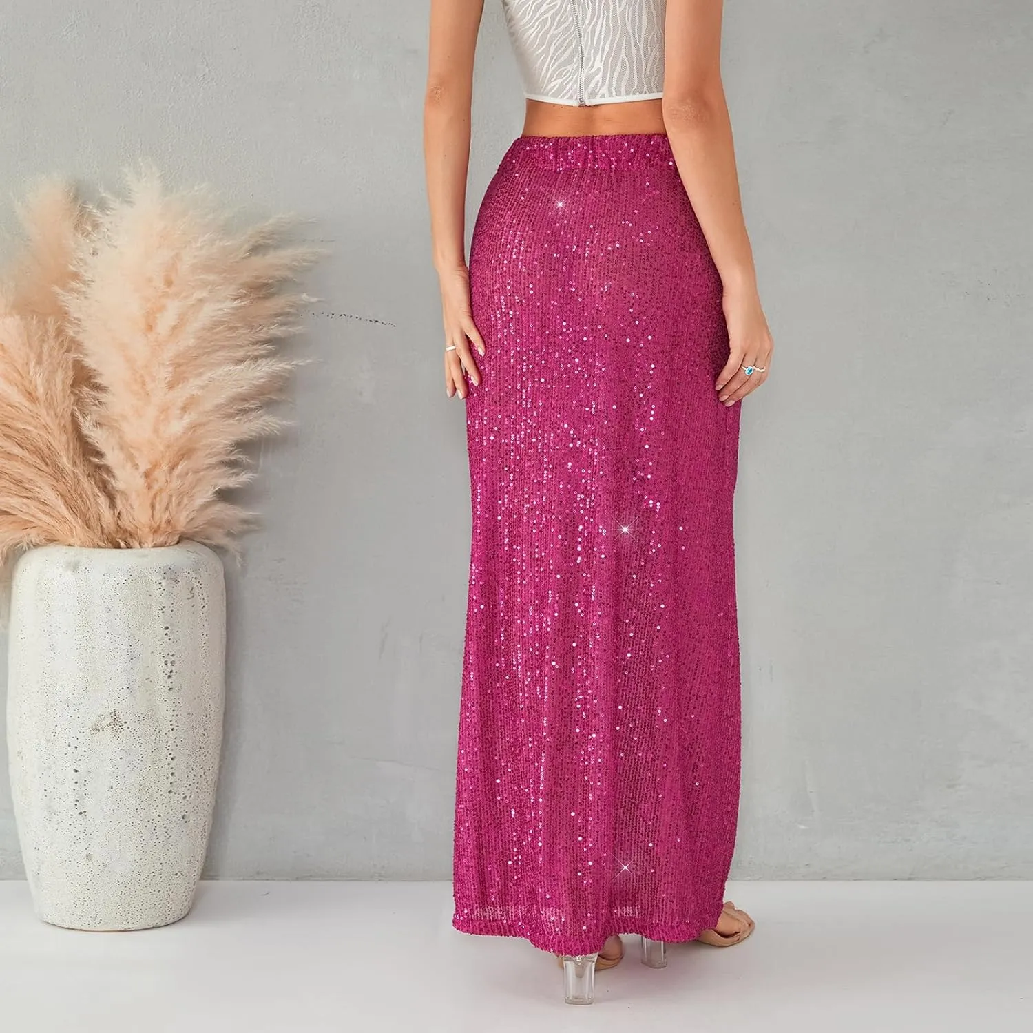 Sequin Skirt for Women Low Waist Disco Dresses Skirt Sparkle Glitter Party Night Mermaid Flowy Long Maxi Skirt