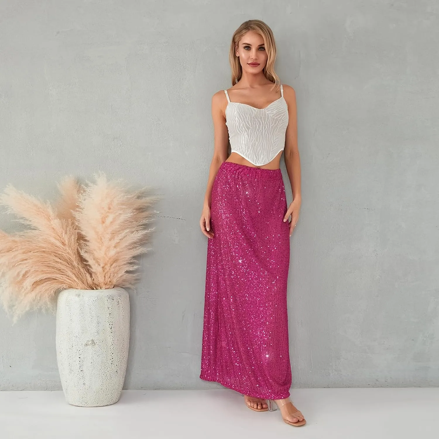 Sequin Skirt for Women Low Waist Disco Dresses Skirt Sparkle Glitter Party Night Mermaid Flowy Long Maxi Skirt
