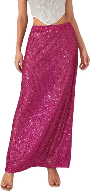 Sequin Skirt for Women Low Waist Disco Dresses Skirt Sparkle Glitter Party Night Mermaid Flowy Long Maxi Skirt