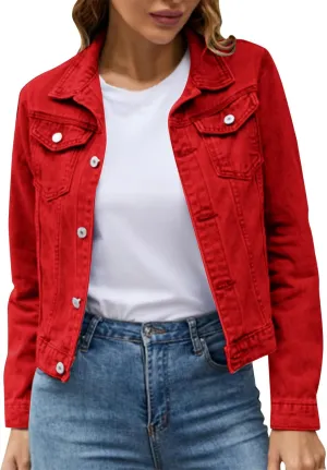 SHAOBGE Denim Duster Jacket for Women Women's Basic Solid Color Button Down Denim Cotton Jacket Stretch Jean Jackets for