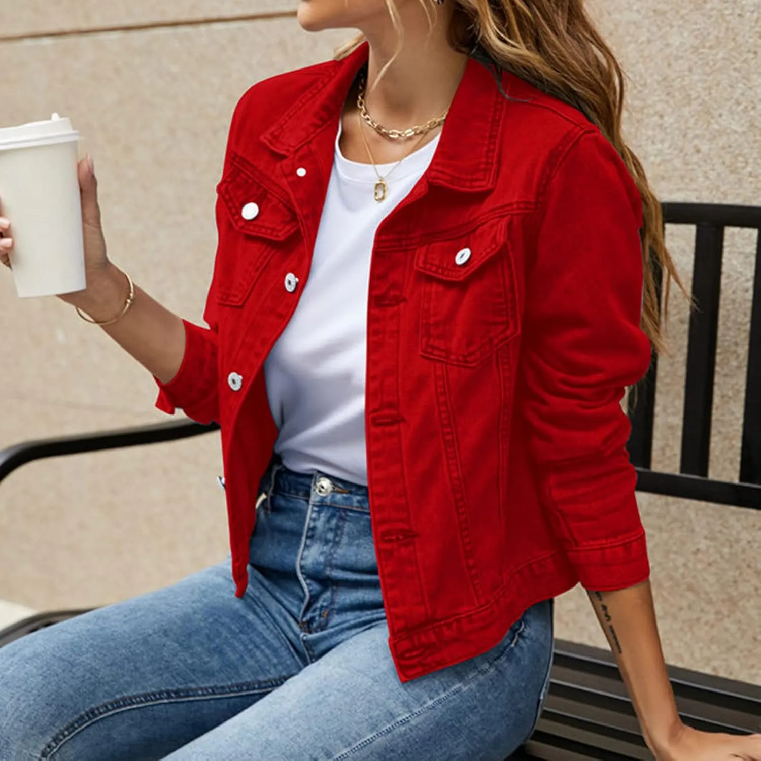 SHAOBGE Denim Duster Jacket for Women Women's Basic Solid Color Button Down Denim Cotton Jacket Stretch Jean Jackets for