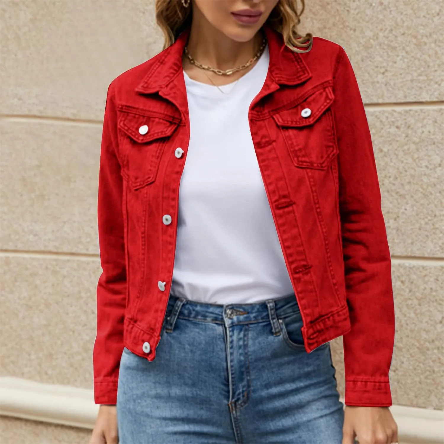 SHAOBGE Denim Duster Jacket for Women Women's Basic Solid Color Button Down Denim Cotton Jacket Stretch Jean Jackets for