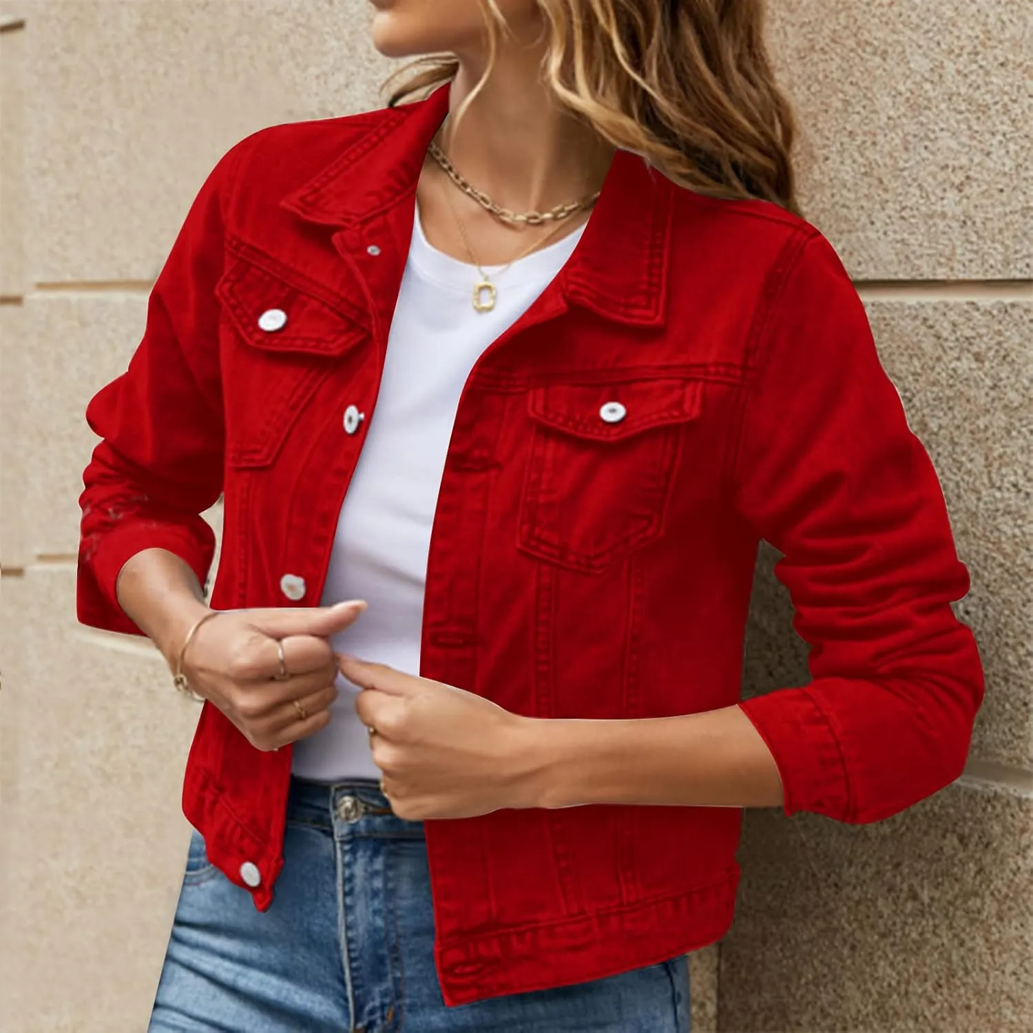 SHAOBGE Denim Duster Jacket for Women Women's Basic Solid Color Button Down Denim Cotton Jacket Stretch Jean Jackets for