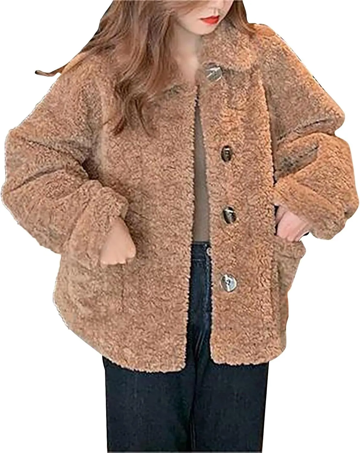 SHAOBGE Fleece Coats for Women Women'S Fashion Lapel Autumn/Winter Warm Lamb Wool And Fleece Padded Fleece Shirt Jacket