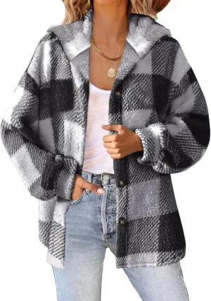 Sherpa Jacket For Women Fuzzy Fleece Winter Coats Plaid Button Down Shacket Casual Warm Teddy Coat Outwear 2023