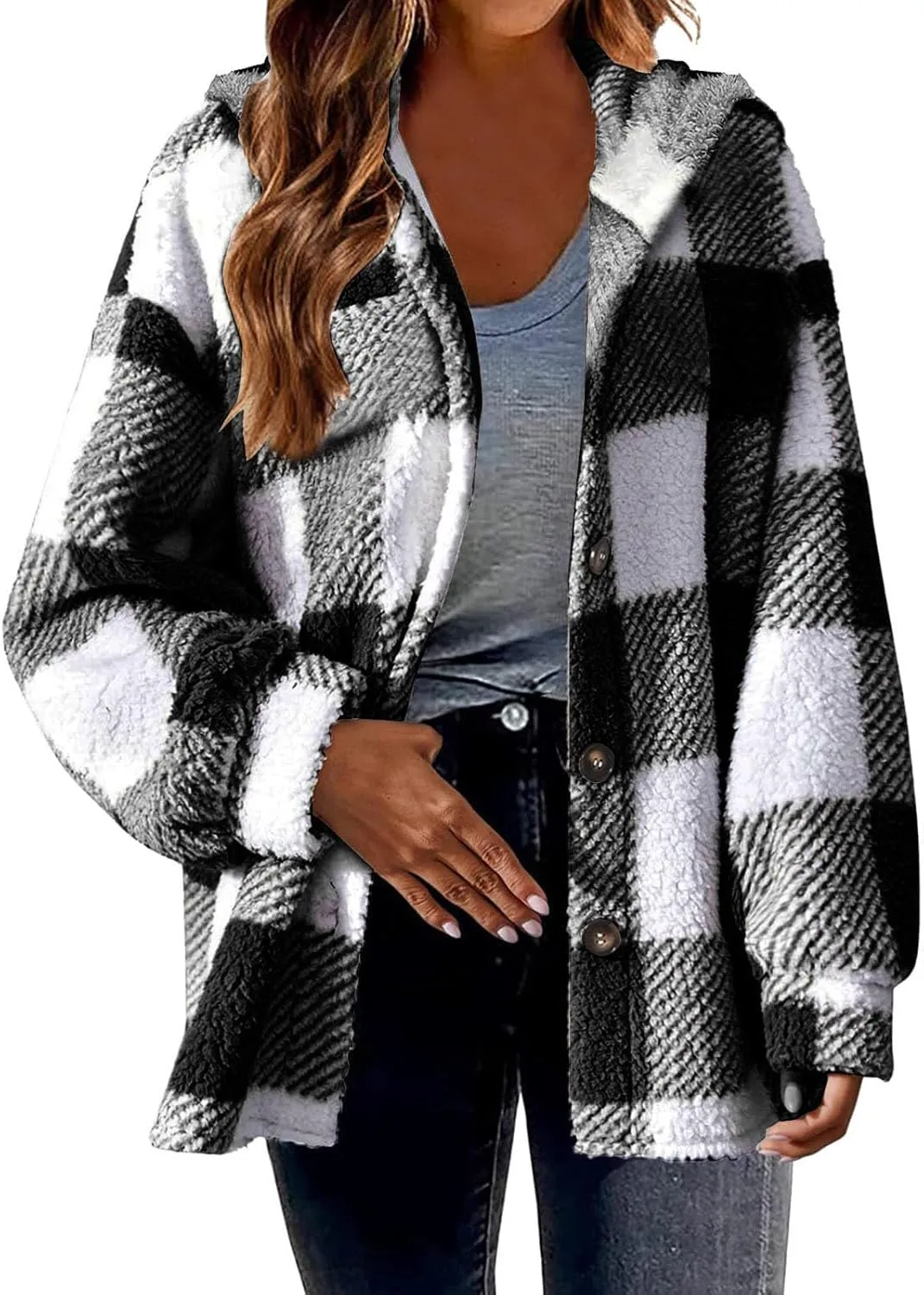 Sherpa Jacket For Women Fuzzy Fleece Winter Coats Plaid Button Down Shacket Casual Warm Teddy Coat Outwear 2023