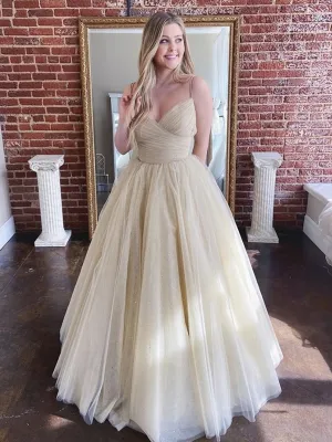 Shiny V Neck Sequins Champagne Long Prom Dresses, Fluffy Champagne Formal Dresses, Sparkly Champagne Evening Dresses