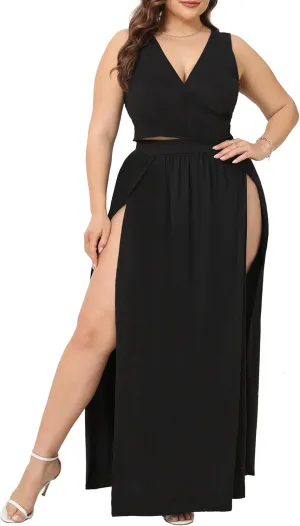 SILUI Women's Sexy 2 Piece Maxi Skirt Set Crop Top Double High Slit Vacation Festival Summer Outfits
