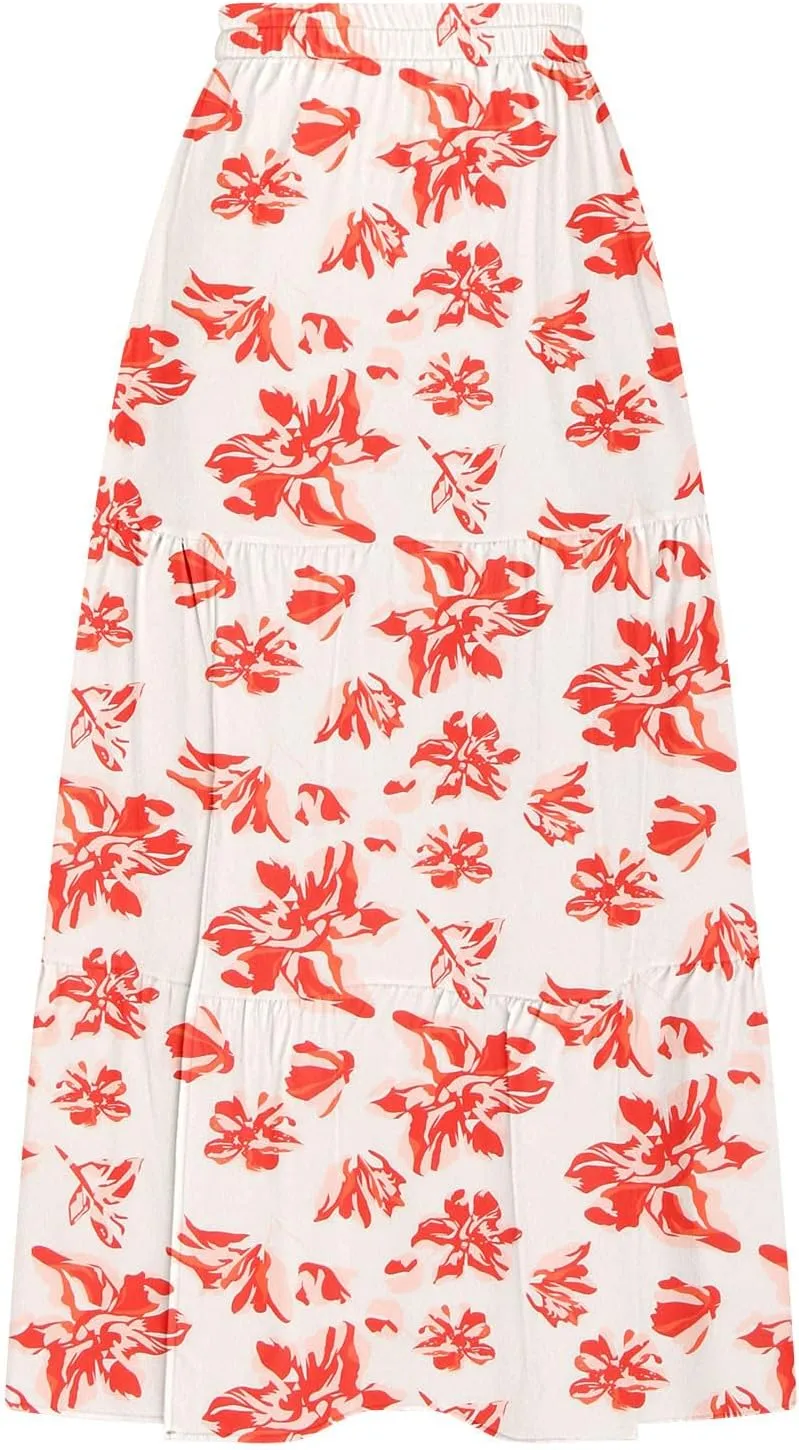 Skirts for Women Boho Floral Print Maxi Skirts Plus Size Side Slit Flowy Skirt Midi Length Chiffon Dress with Pockets