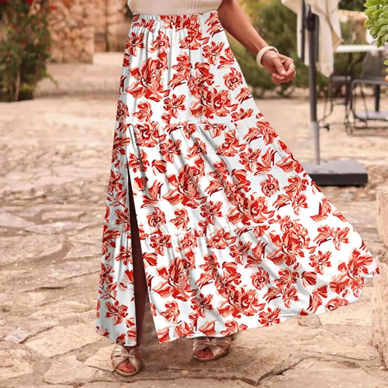 Skirts for Women Boho Floral Print Maxi Skirts Plus Size Side Slit Flowy Skirt Midi Length Chiffon Dress with Pockets