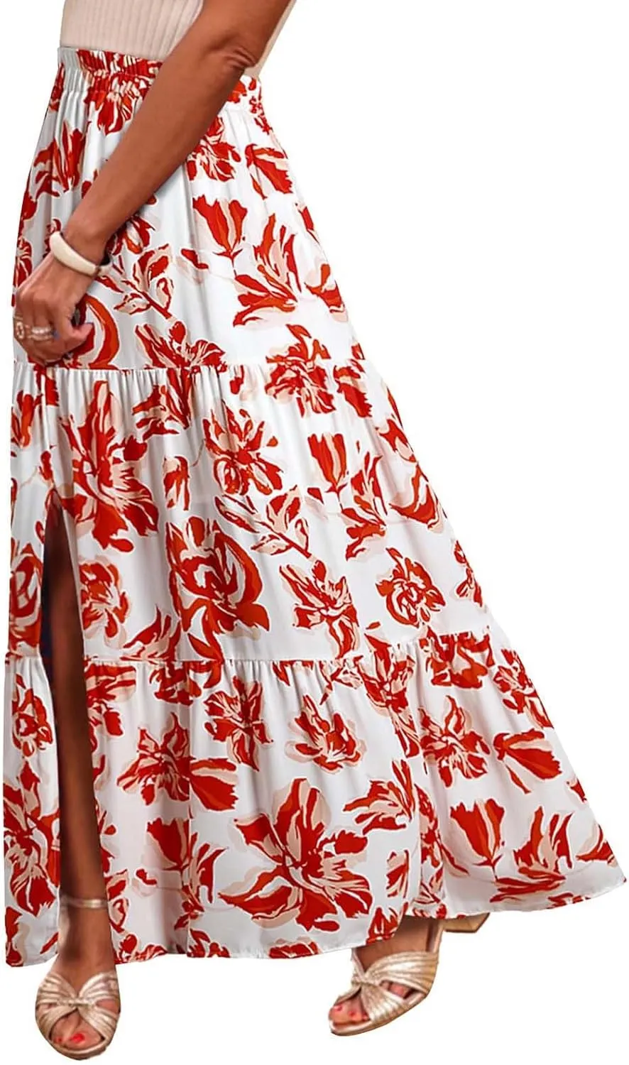Skirts for Women Boho Floral Print Maxi Skirts Plus Size Side Slit Flowy Skirt Midi Length Chiffon Dress with Pockets