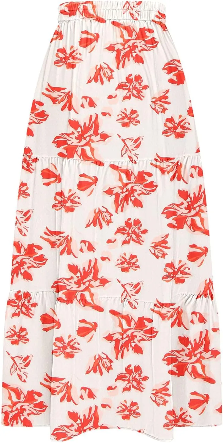 Skirts for Women Boho Floral Print Maxi Skirts Plus Size Side Slit Flowy Skirt Midi Length Chiffon Dress with Pockets