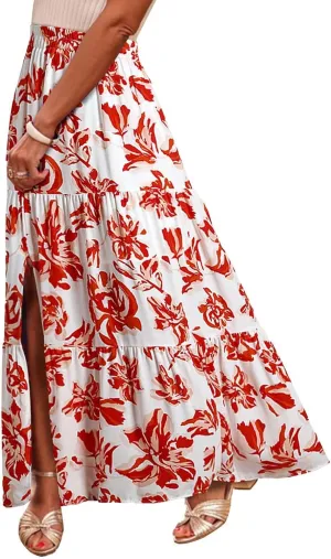 Skirts for Women Boho Floral Print Maxi Skirts Plus Size Side Slit Flowy Skirt Midi Length Chiffon Dress with Pockets