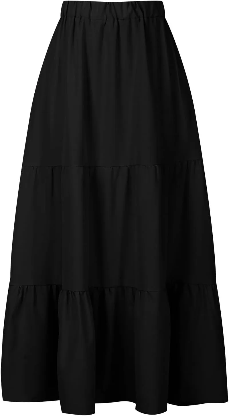 Skirts for Women Summer Beach Pleated Long Skirt Lightweight Elastic Waisted Maxi Skort Boho A Line Skorts with Pocket