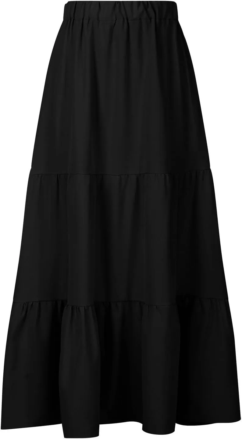 Skirts for Women Summer Beach Pleated Long Skirt Lightweight Elastic Waisted Maxi Skort Boho A Line Skorts with Pocket