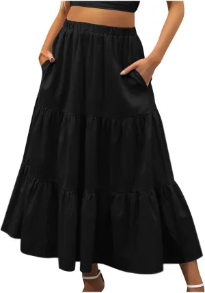 Skirts for Women Summer Beach Pleated Long Skirt Lightweight Elastic Waisted Maxi Skort Boho A Line Skorts with Pocket