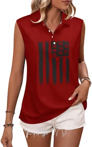 Sleeveless Shirts for Women American Flag V Neck Shirt Casual PO-LO Tank Top Pullover Quick Dry with Designs