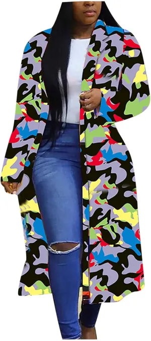 SMIDOW Womens Camouflage Trench Coat Notch Lapel Collar Casual Button Cardigan Jacket Outwears Tartan Long Jacket Coats