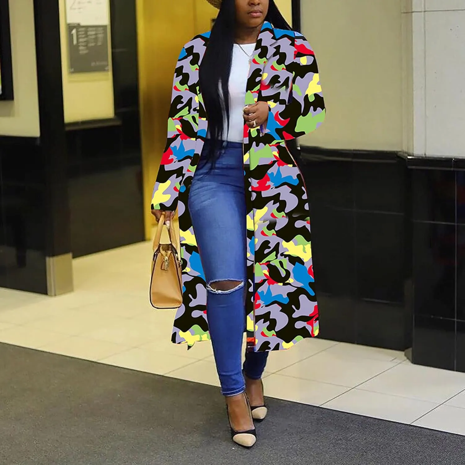 SMIDOW Womens Camouflage Trench Coat Notch Lapel Collar Casual Button Cardigan Jacket Outwears Tartan Long Jacket Coats