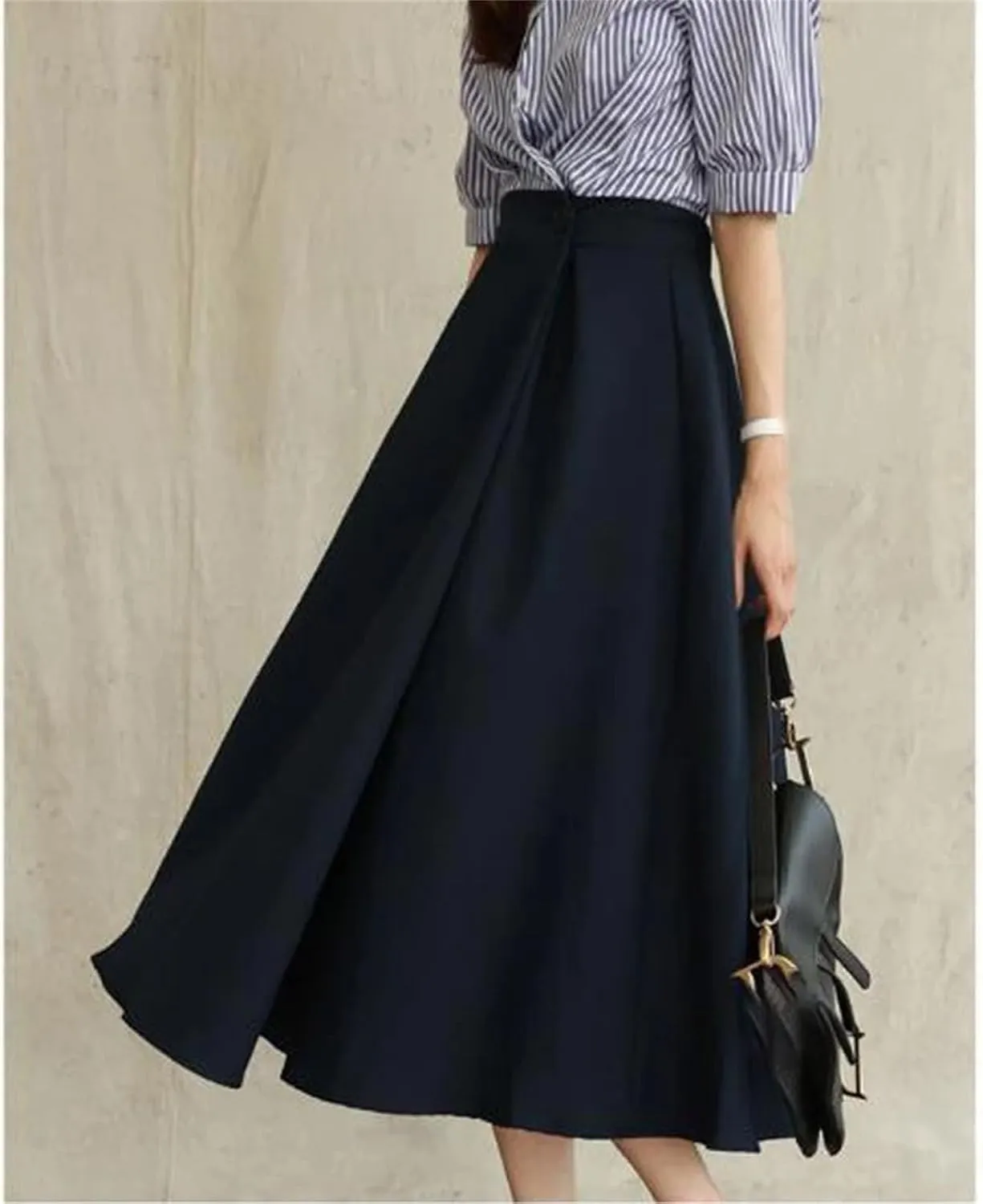 Solid Color High Waist Pleated Skirt Office Lady Business Casual Elegant A-Line Midi Skirt