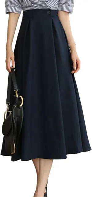 Solid Color High Waist Pleated Skirt Office Lady Business Casual Elegant A-Line Midi Skirt