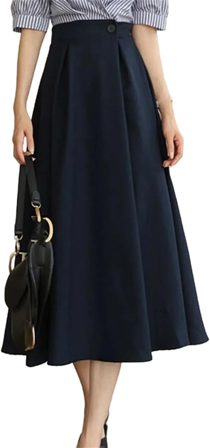 Solid Color High Waist Pleated Skirt Office Lady Business Casual Elegant A-Line Midi Skirt