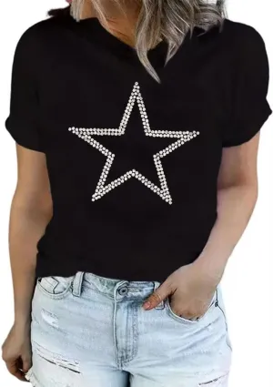 Sparkling Rhinestone T Shirt for Women Fashion Rhinestone Alphabets Graphic Short Sleeve Shirt Casual Tee Tops