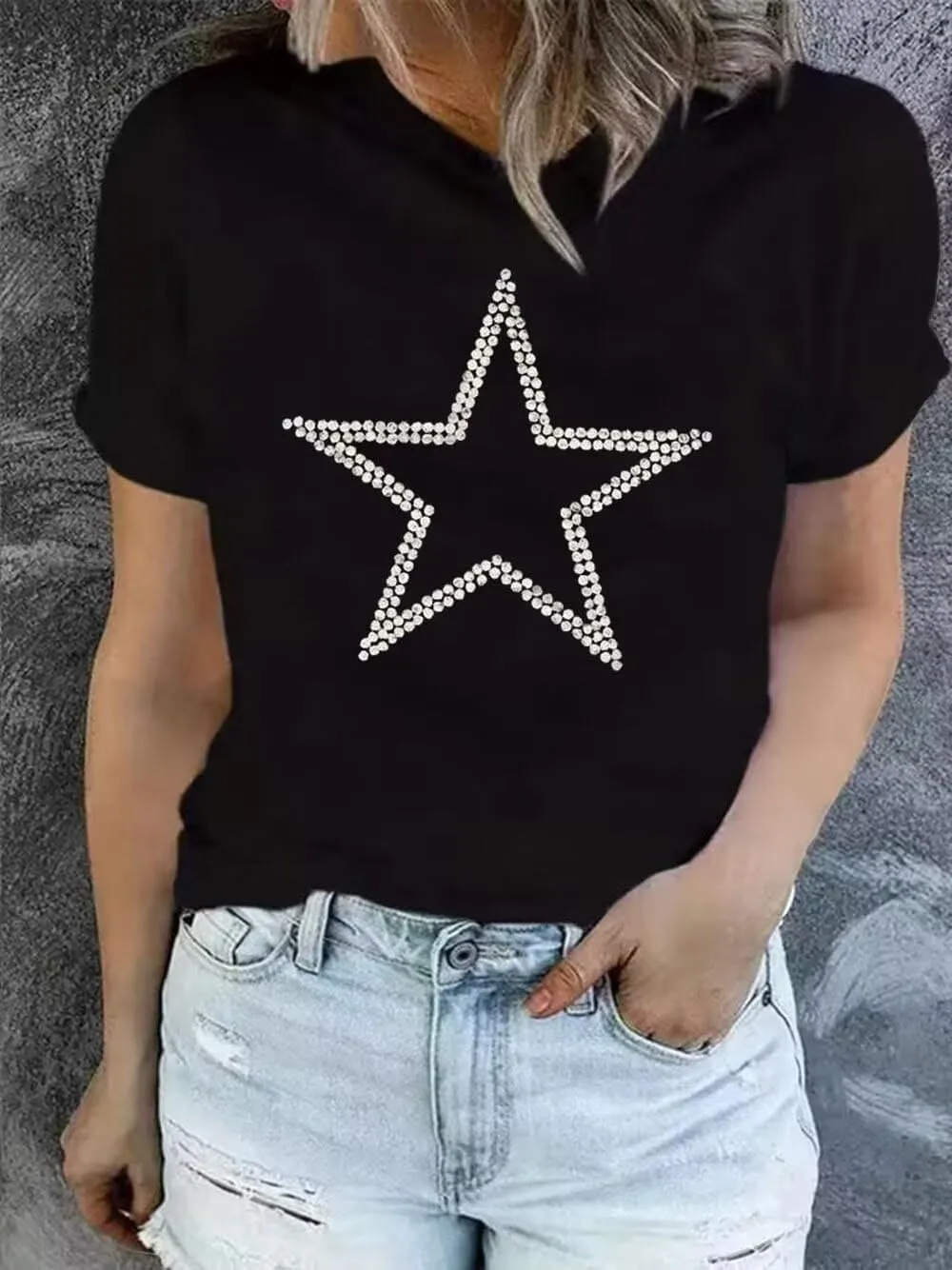 Sparkling Rhinestone T Shirt for Women Fashion Rhinestone Alphabets Graphic Short Sleeve Shirt Casual Tee Tops