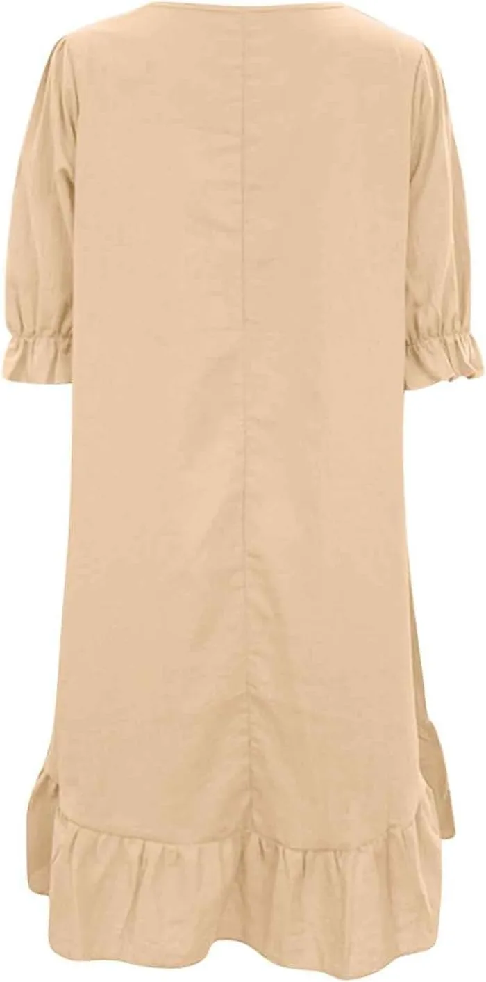 Spring Dresses for Women 2024 Midi Fashion Solid Retro Cotton and Linen Mid Sleeve Round Neck Short Sleeve Dress for Women