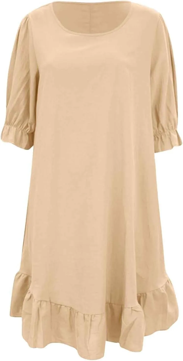 Spring Dresses for Women 2024 Midi Fashion Solid Retro Cotton and Linen Mid Sleeve Round Neck Short Sleeve Dress for Women