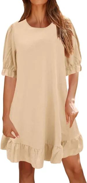 Spring Dresses for Women 2024 Midi Fashion Solid Retro Cotton and Linen Mid Sleeve Round Neck Short Sleeve Dress for Women