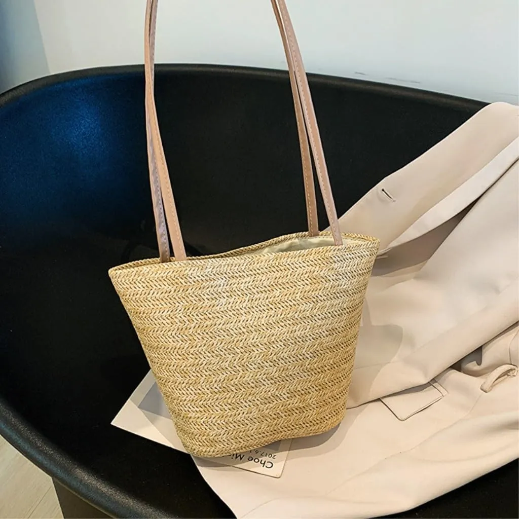 Straw Bag Popular Bags 2024 Summer New Straw Bags Simple Versatile Woven Shoulder Bucket Bag Straw Beach Bag