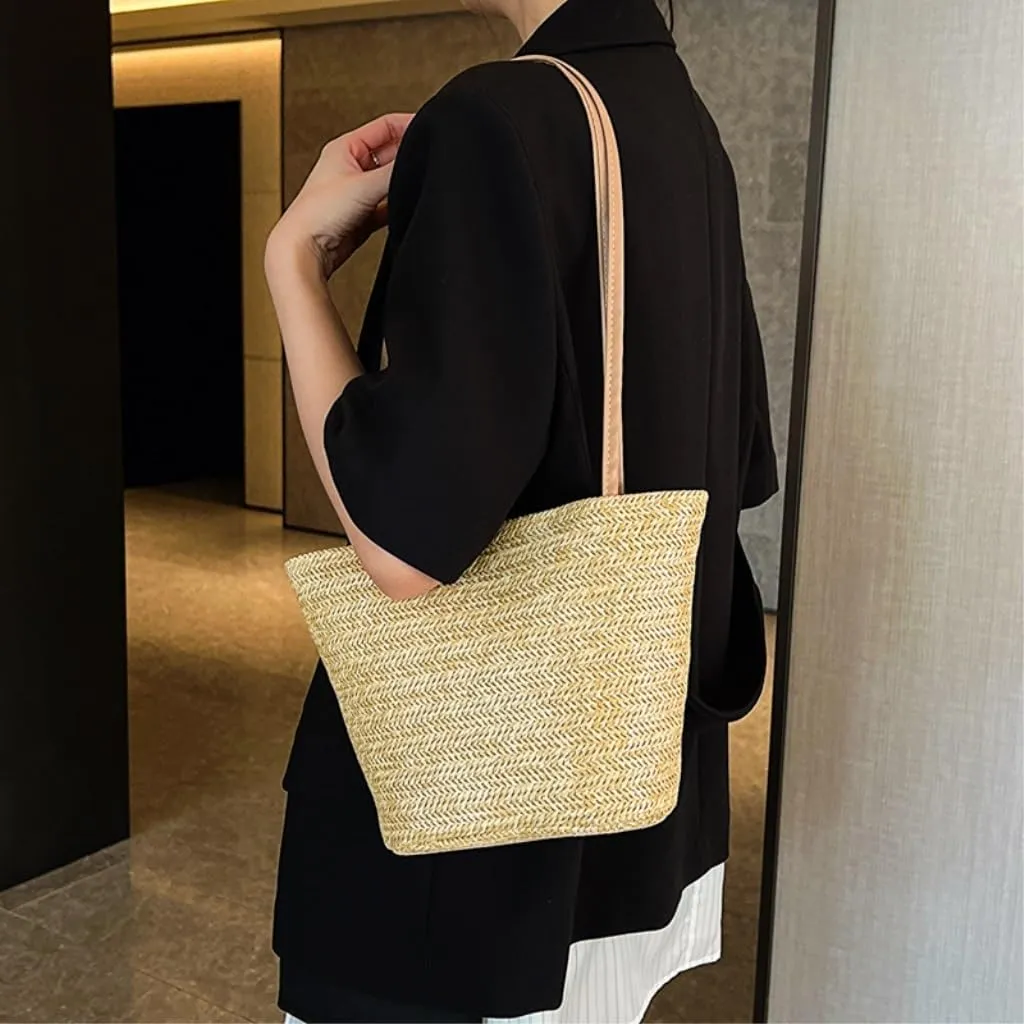 Straw Bag Popular Bags 2024 Summer New Straw Bags Simple Versatile Woven Shoulder Bucket Bag Straw Beach Bag
