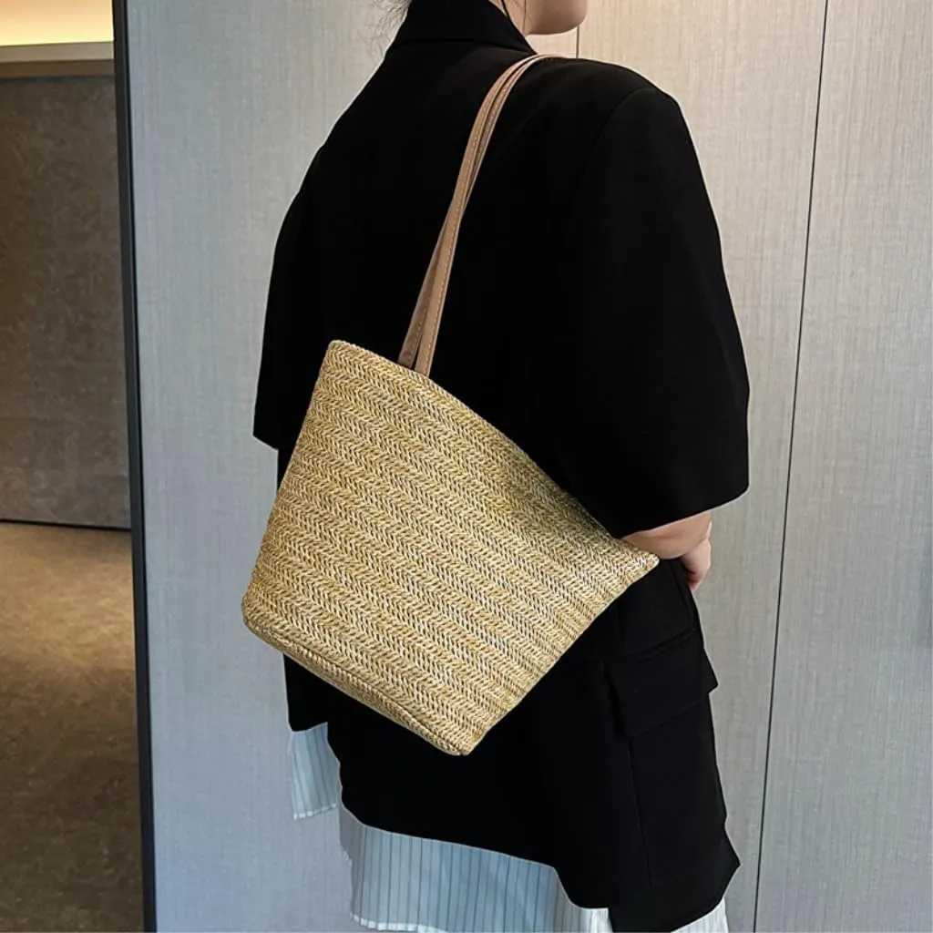 Straw Bag Popular Bags 2024 Summer New Straw Bags Simple Versatile Woven Shoulder Bucket Bag Straw Beach Bag