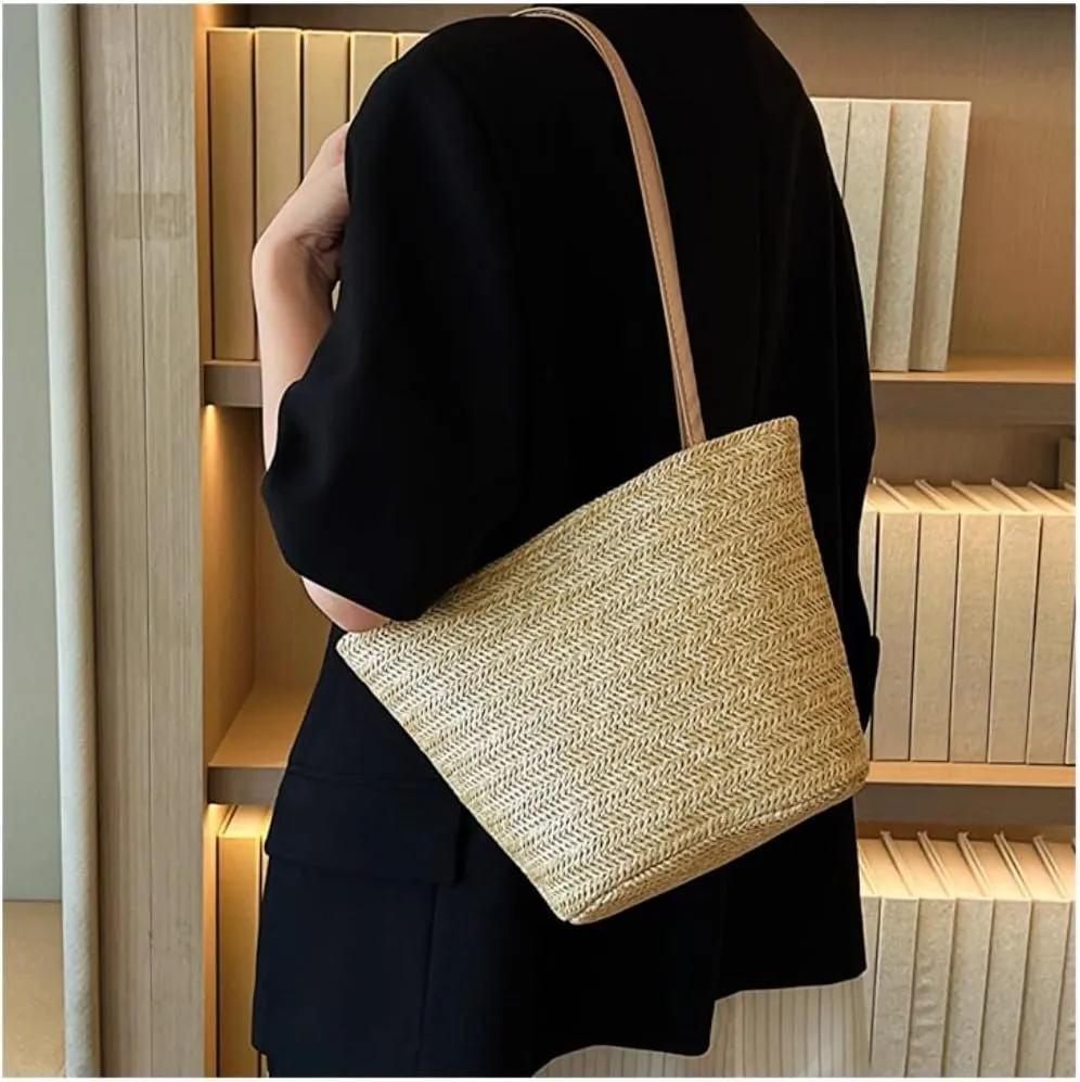 Straw Bag Popular Bags 2024 Summer New Straw Bags Simple Versatile Woven Shoulder Bucket Bag Straw Beach Bag