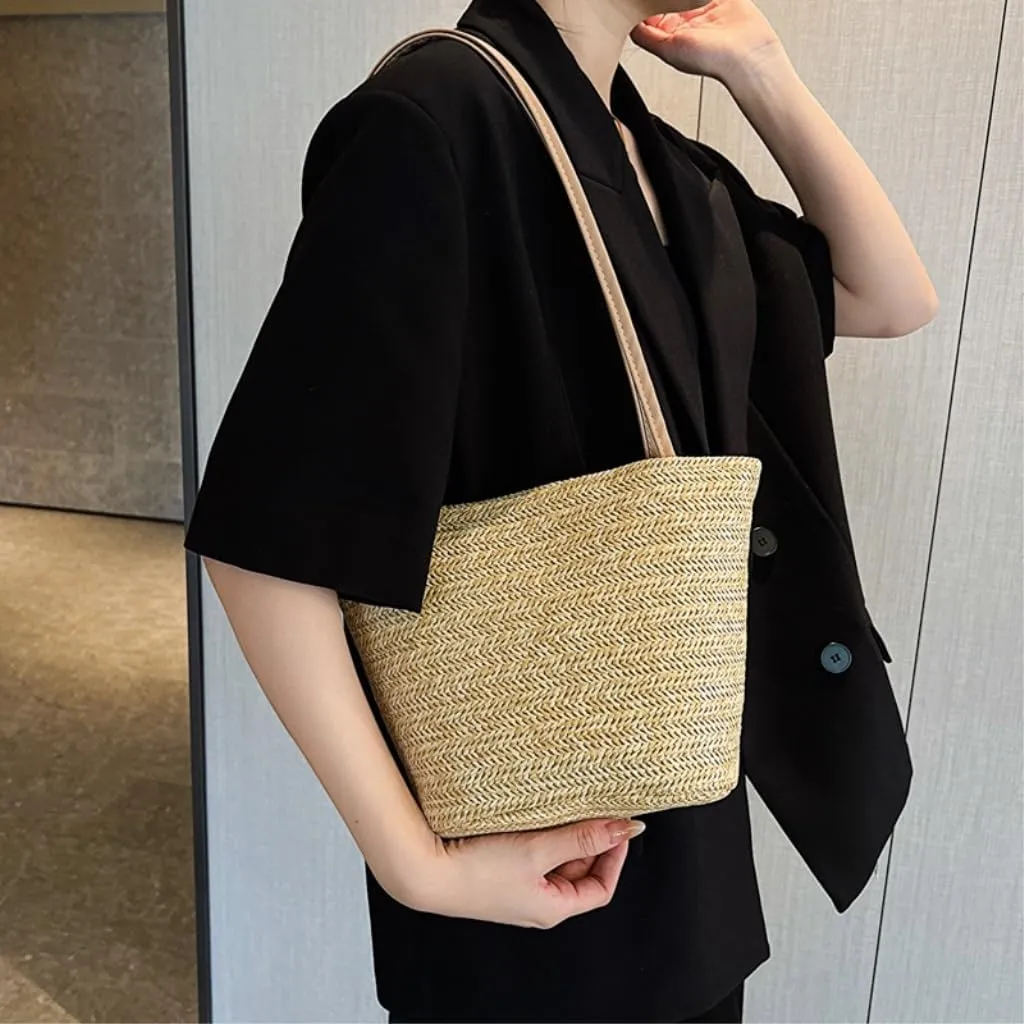 Straw Bag Popular Bags 2024 Summer New Straw Bags Simple Versatile Woven Shoulder Bucket Bag Straw Beach Bag