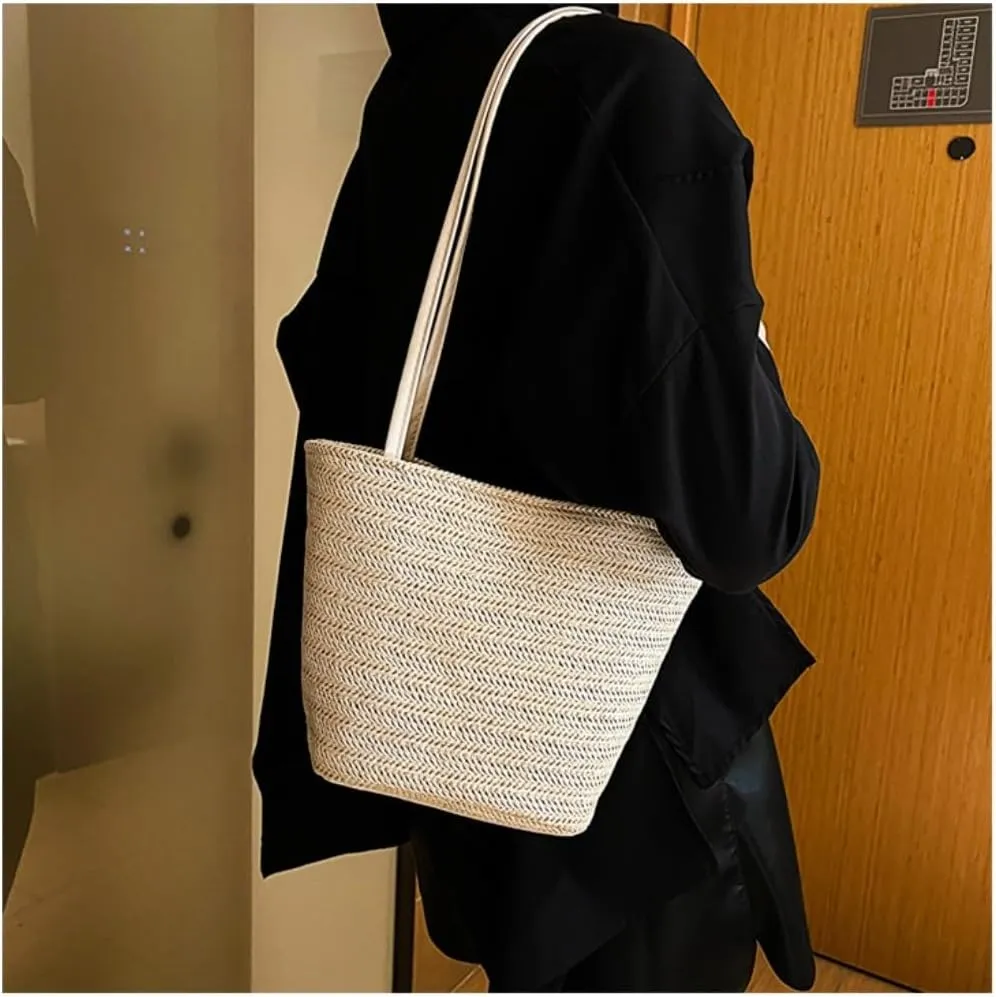 Straw Bag Popular Bags 2024 Summer New Straw Bags Simple Versatile Woven Shoulder Bucket Bag Straw Beach Bag