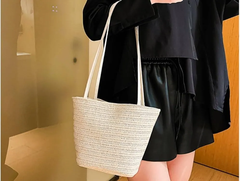 Straw Bag Popular Bags 2024 Summer New Straw Bags Simple Versatile Woven Shoulder Bucket Bag Straw Beach Bag