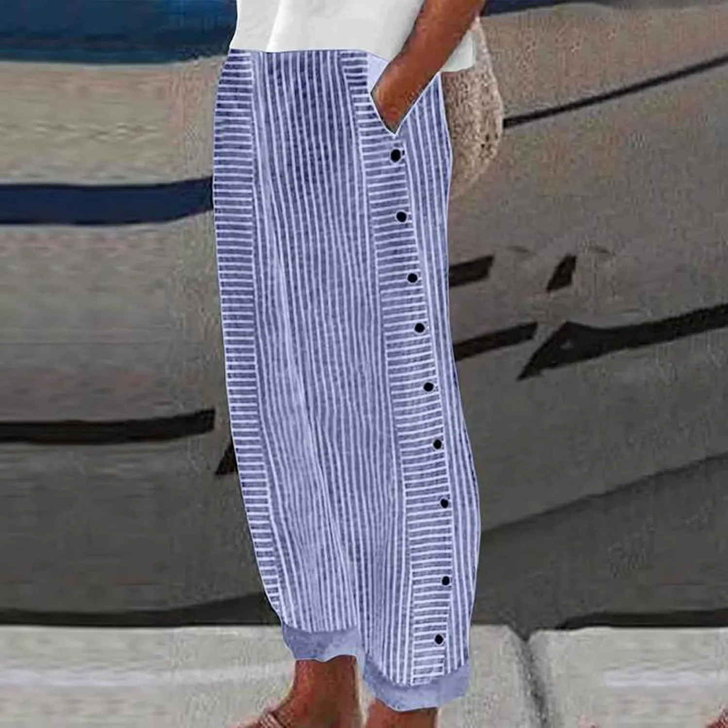 Striped Linen Pants Women Side Button Elastic Waist Capri Gauze Pants Lightweight Summer Beach Cropped Trousers 2025