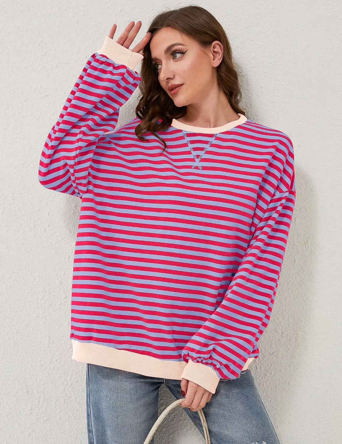 Striped Shirt Women Oversized Sweatshirt Color Block Long Sleeve Crew Neck Sweatshirt Loose Pullover Shirt Top