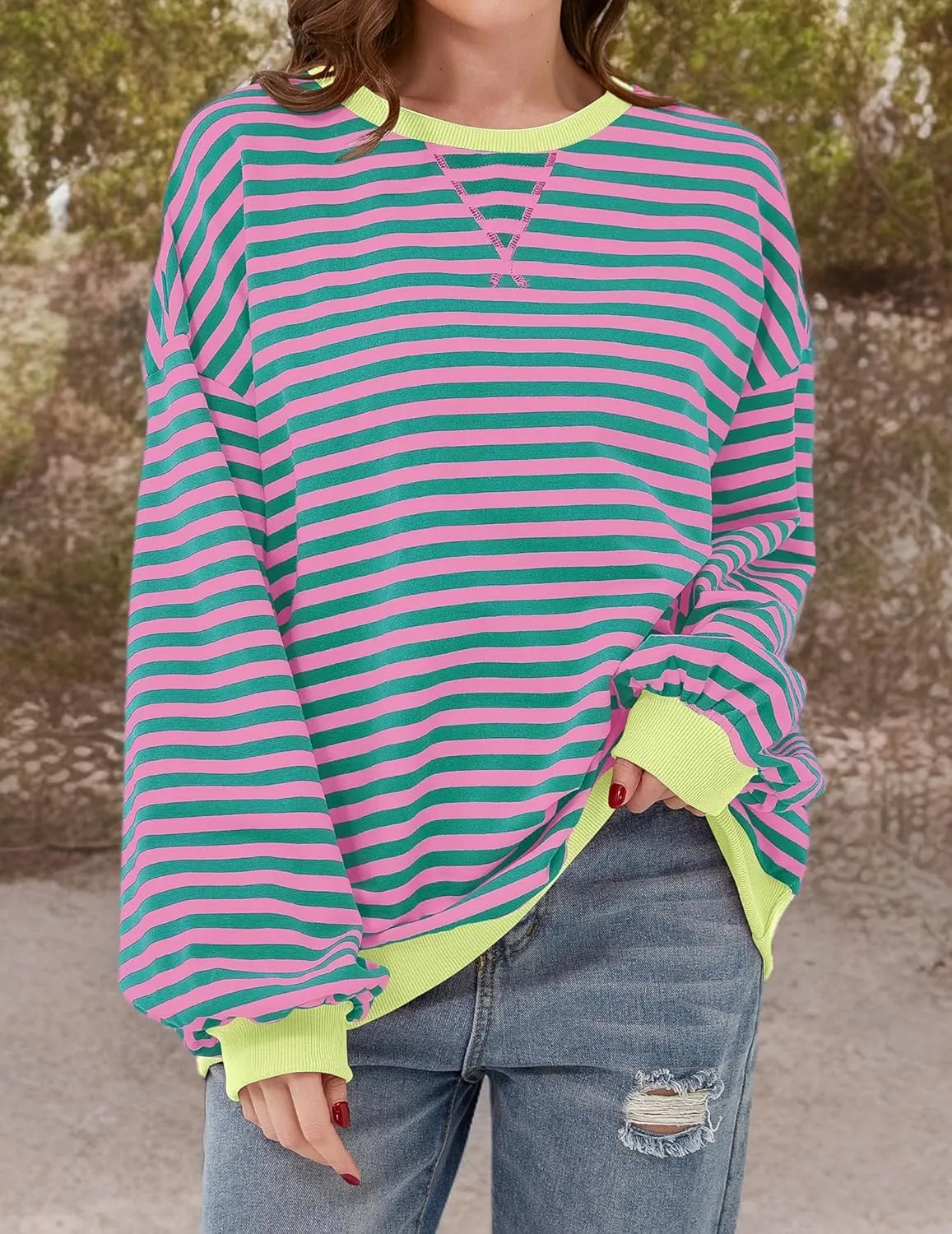 Striped Shirt Women Oversized Sweatshirt Color Block Long Sleeve Crew Neck Sweatshirt Loose Pullover Shirt Top