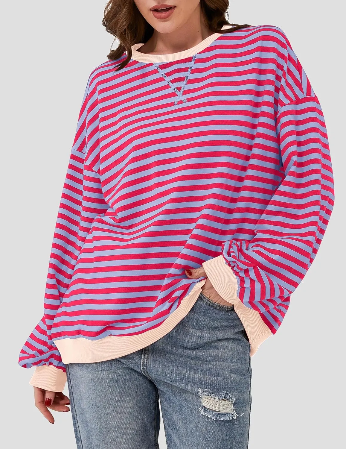 Striped Shirt Women Oversized Sweatshirt Color Block Long Sleeve Crew Neck Sweatshirt Loose Pullover Shirt Top