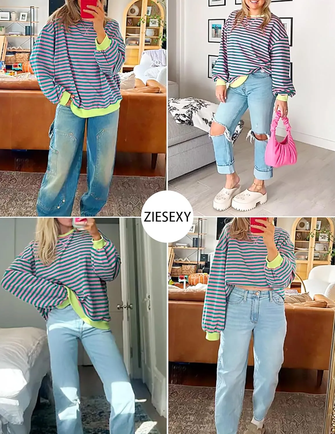 Striped Shirt Women Oversized Sweatshirt Color Block Long Sleeve Crew Neck Sweatshirt Loose Pullover Shirt Top