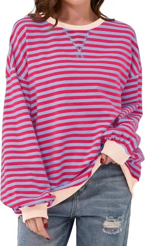 Striped Shirt Women Oversized Sweatshirt Color Block Long Sleeve Crew Neck Sweatshirt Loose Pullover Shirt Top