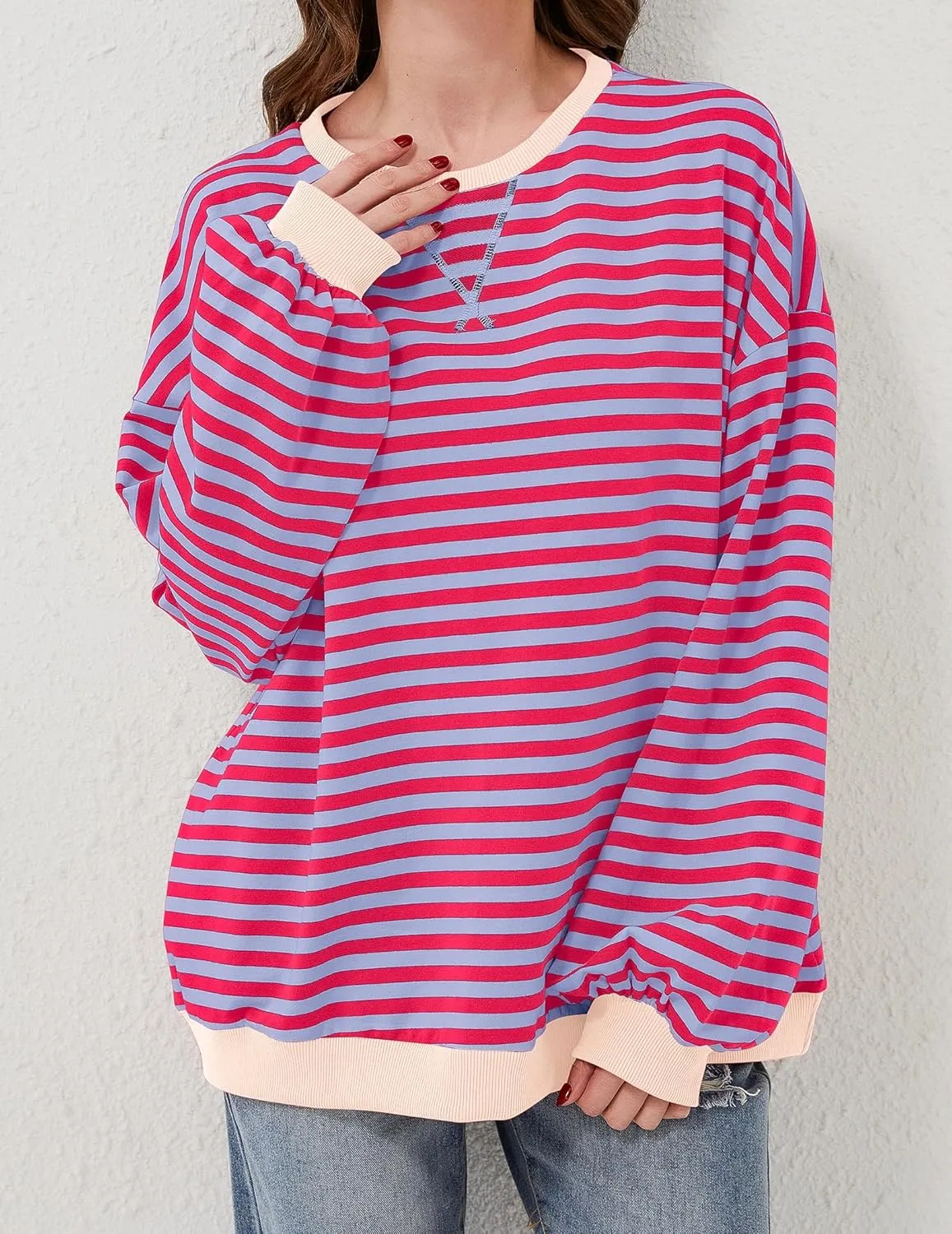 Striped Shirt Women Oversized Sweatshirt Color Block Long Sleeve Crew Neck Sweatshirt Loose Pullover Shirt Top