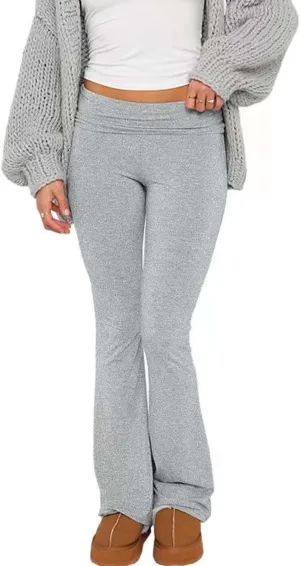 Sumleno Women Y2k Skinny Pants Flare Leggings Low Rise Fold Over Waist Bootcut Stretchy Yoga Sweatpants Lounge Streetwear